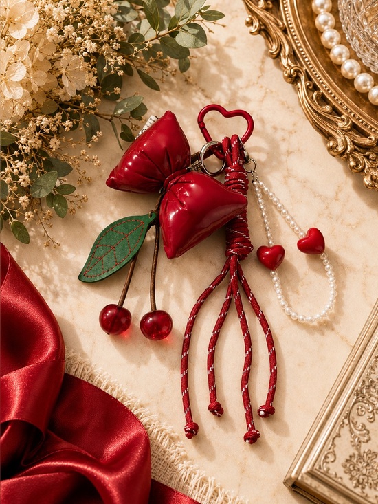Handbags - Cherry Heritage Bow & Pearl Cluster Bag Charm | Heart Keychain